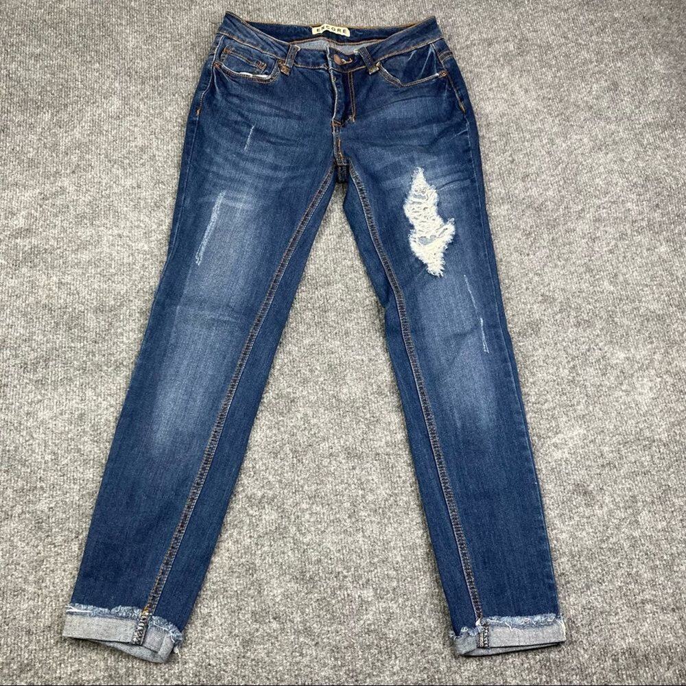 Encore Jeans Womens Size 3 Dark Wash Distressed Skinny Frayed Hem Denim Pants‎